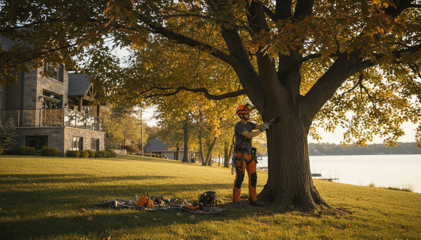 Mathew Butka examining a large tree at a Wolfeboro residential property