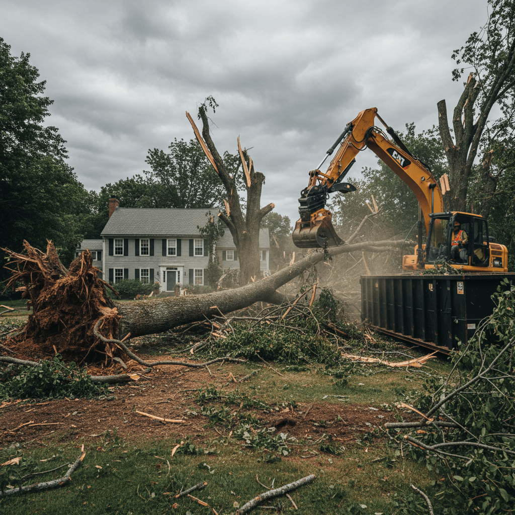 Excavation equipment removing fallen trees and storm debris