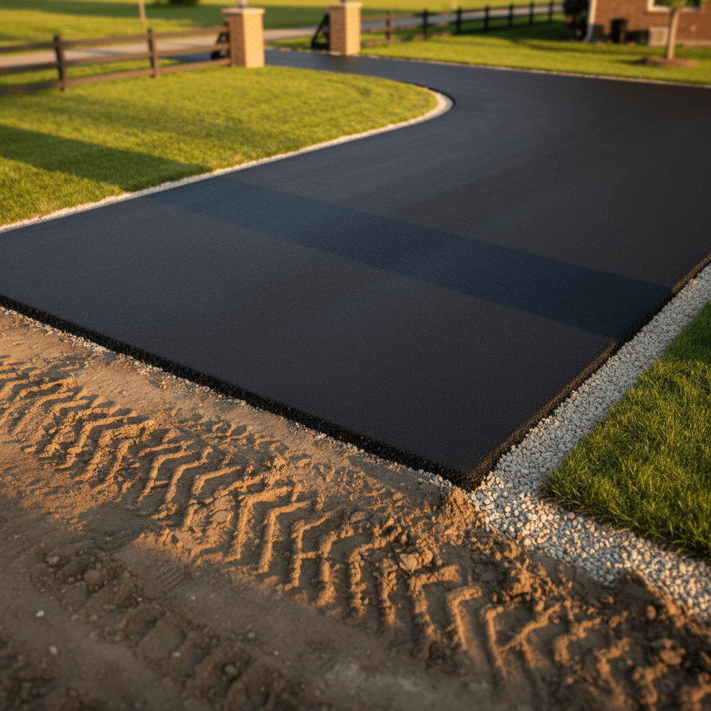 Newly installed driveway with clean edges and professional asphalt finish