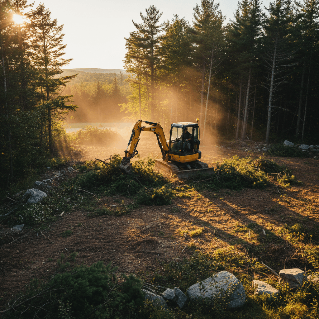 Excavator clearing brush and grading a residential lot