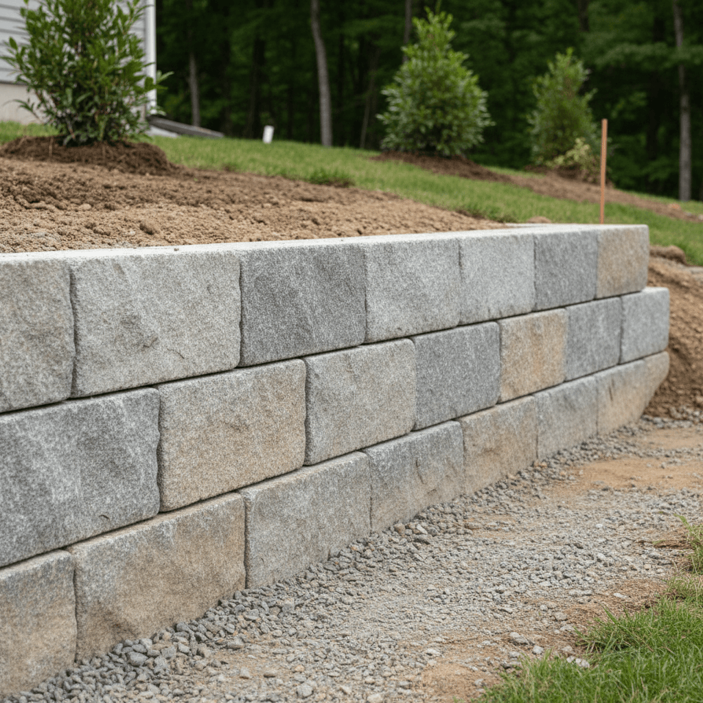 Completed retaining wall with proper backfill and compaction