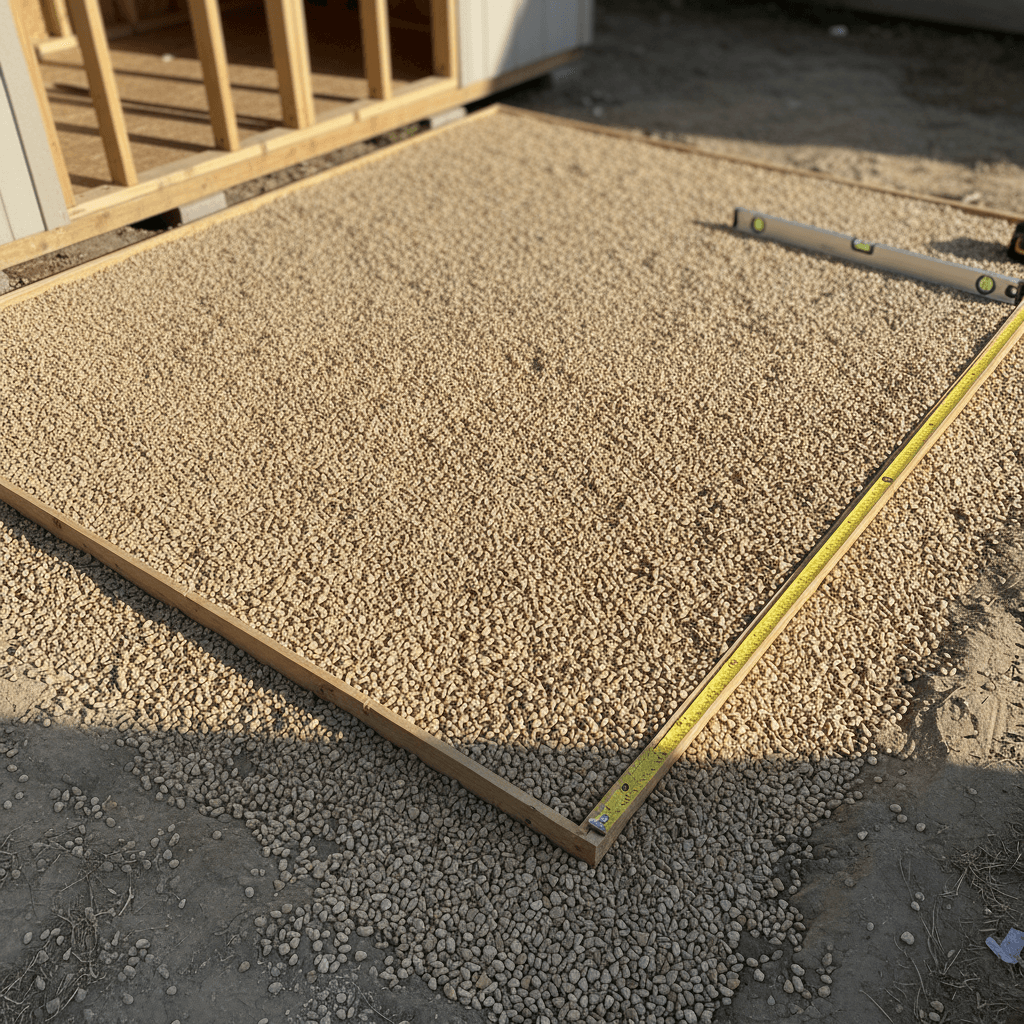 Level shed pad foundation with proper grading and compacted base