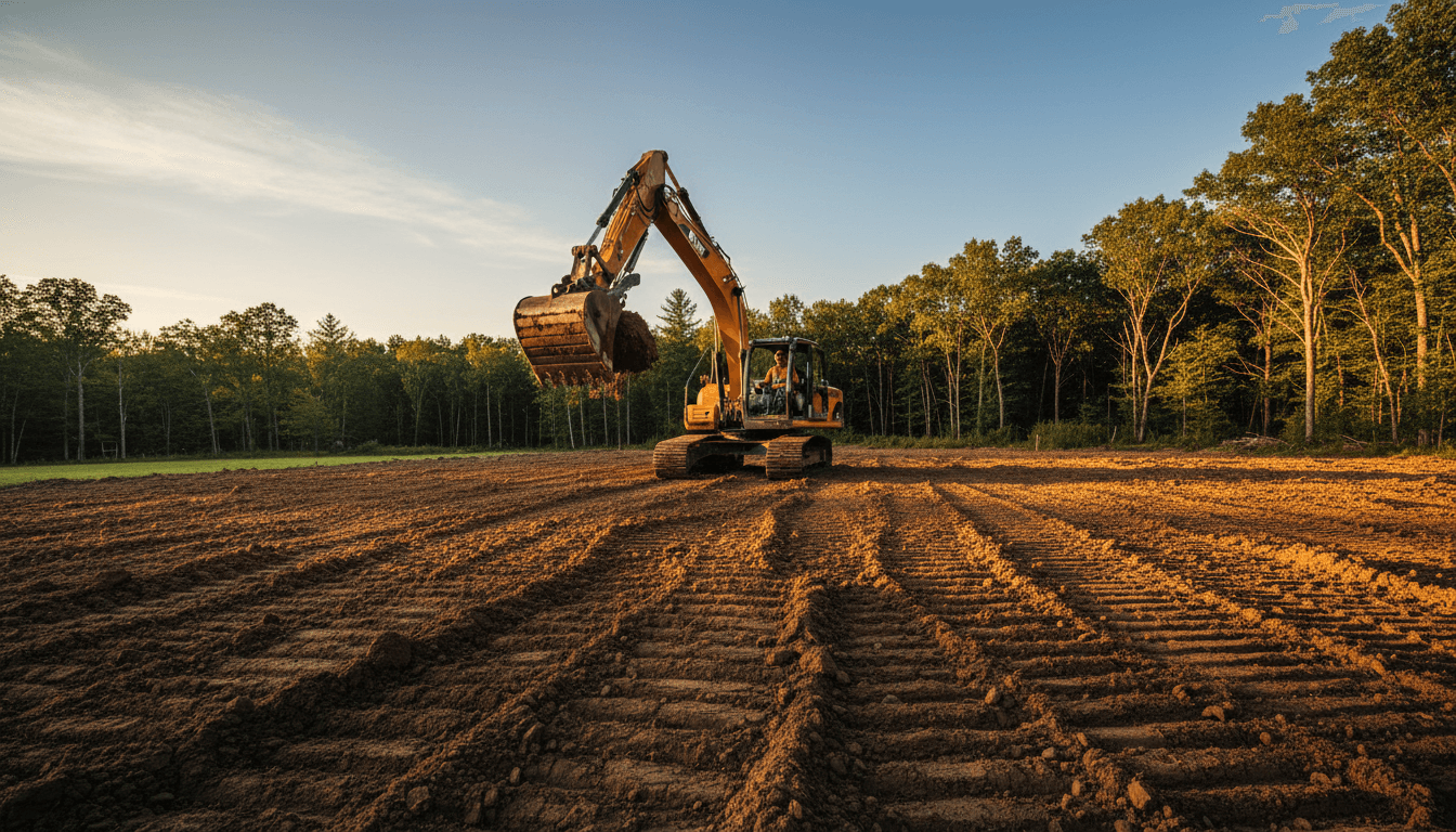 Excavator clearing a residential lot in Wolfeboro with precision grading and professional workmanship