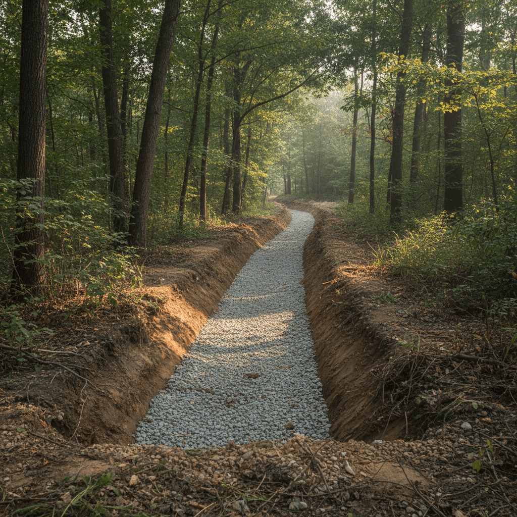 Completed drainage ditch in wooded property
