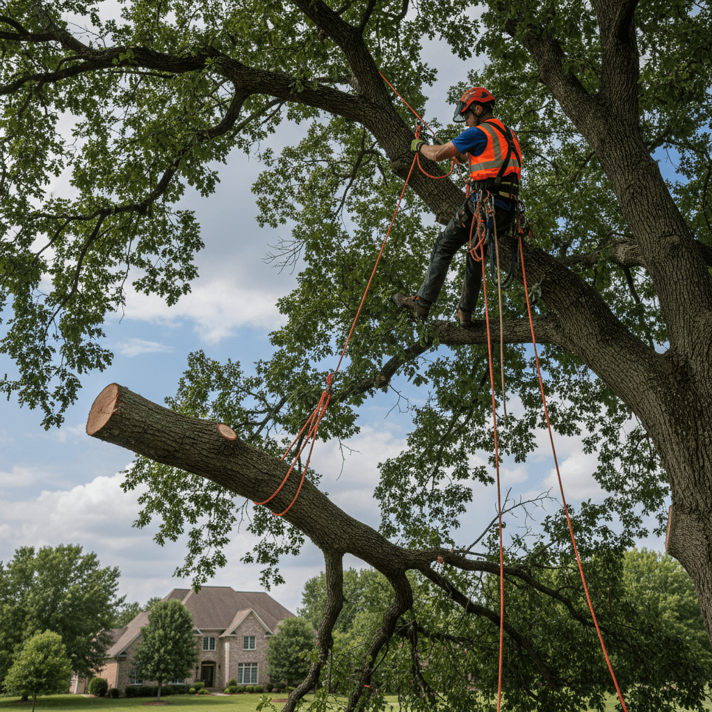 Tree removal in progress with safety equipment