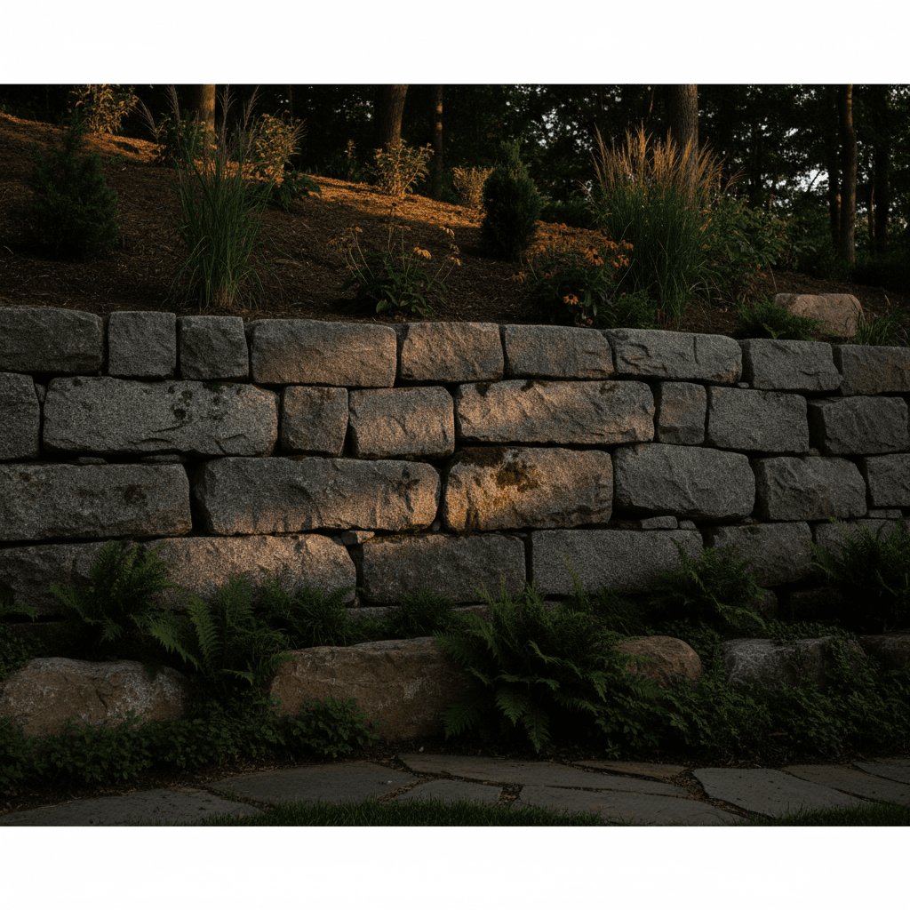 Completed stone retaining wall holding back slope with native plantings