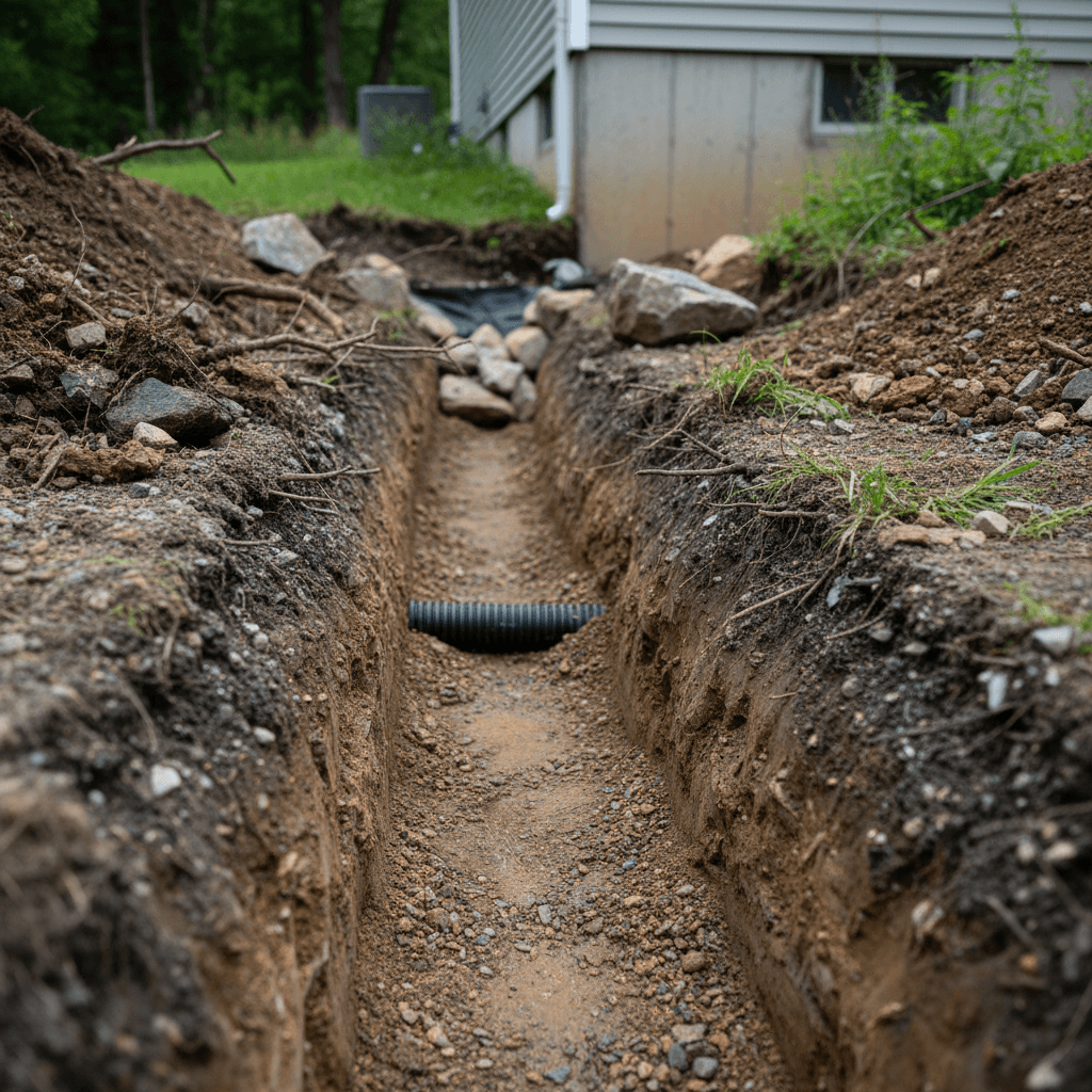 Completed drainage ditch with proper slope for water management