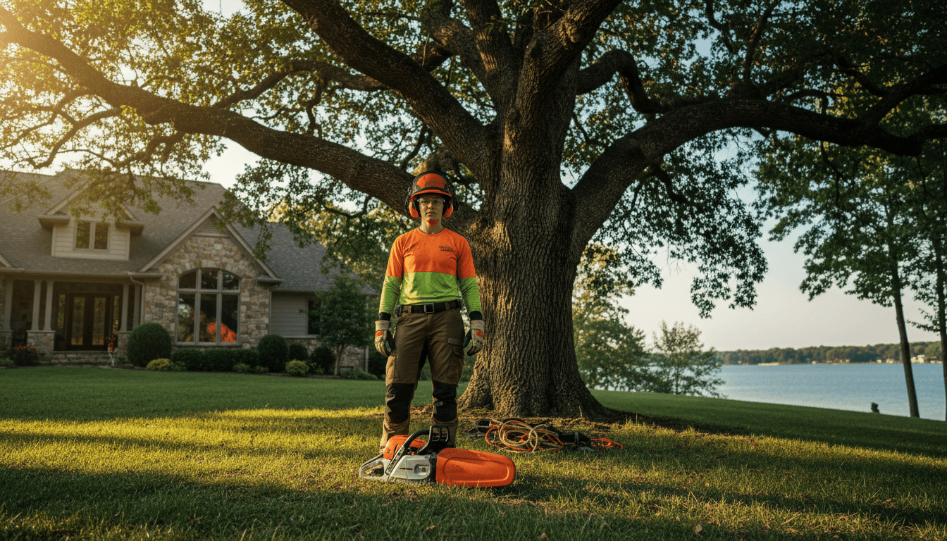 Professional arborist with equipment at residential property in Wolfeboro