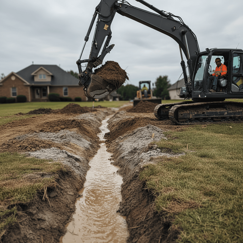 Drainage ditch being installed across residential property with proper grading