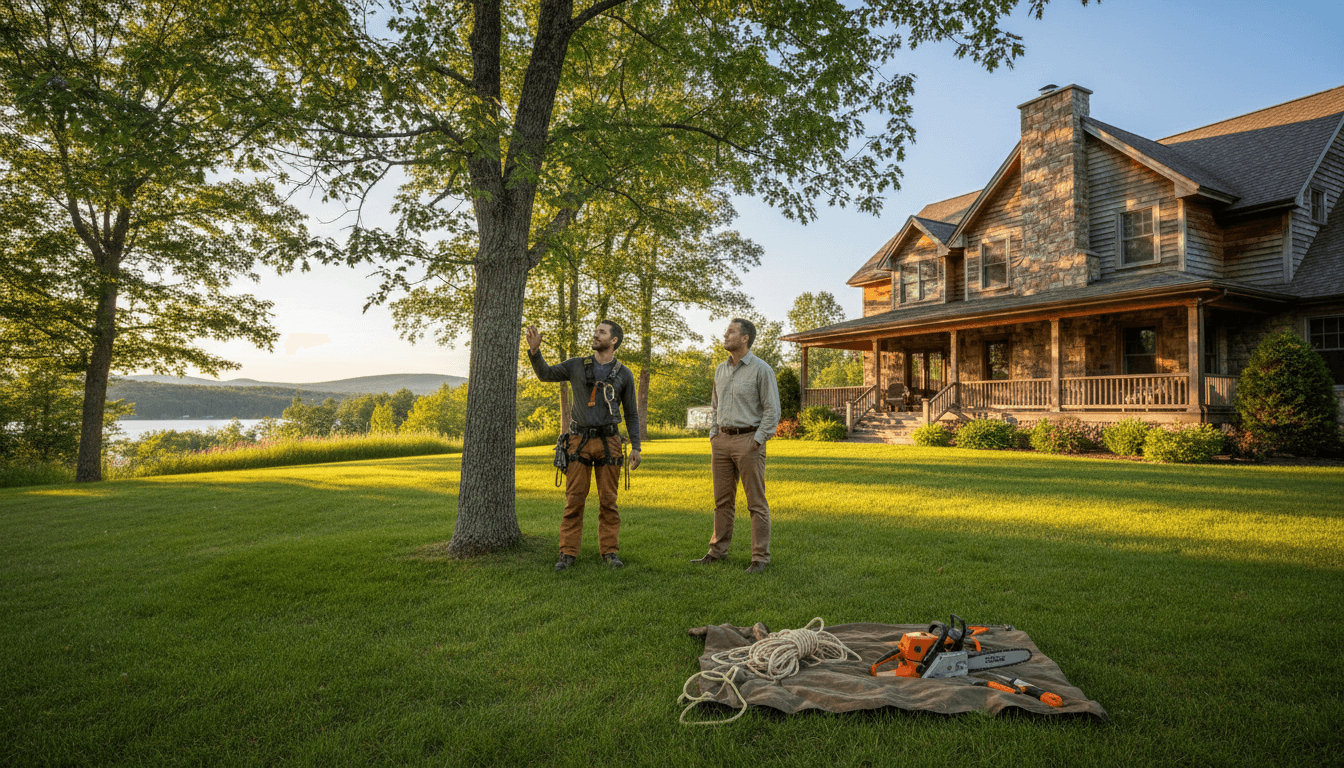 Tree care professional discussing property assessment with homeowner in Wolfeboro