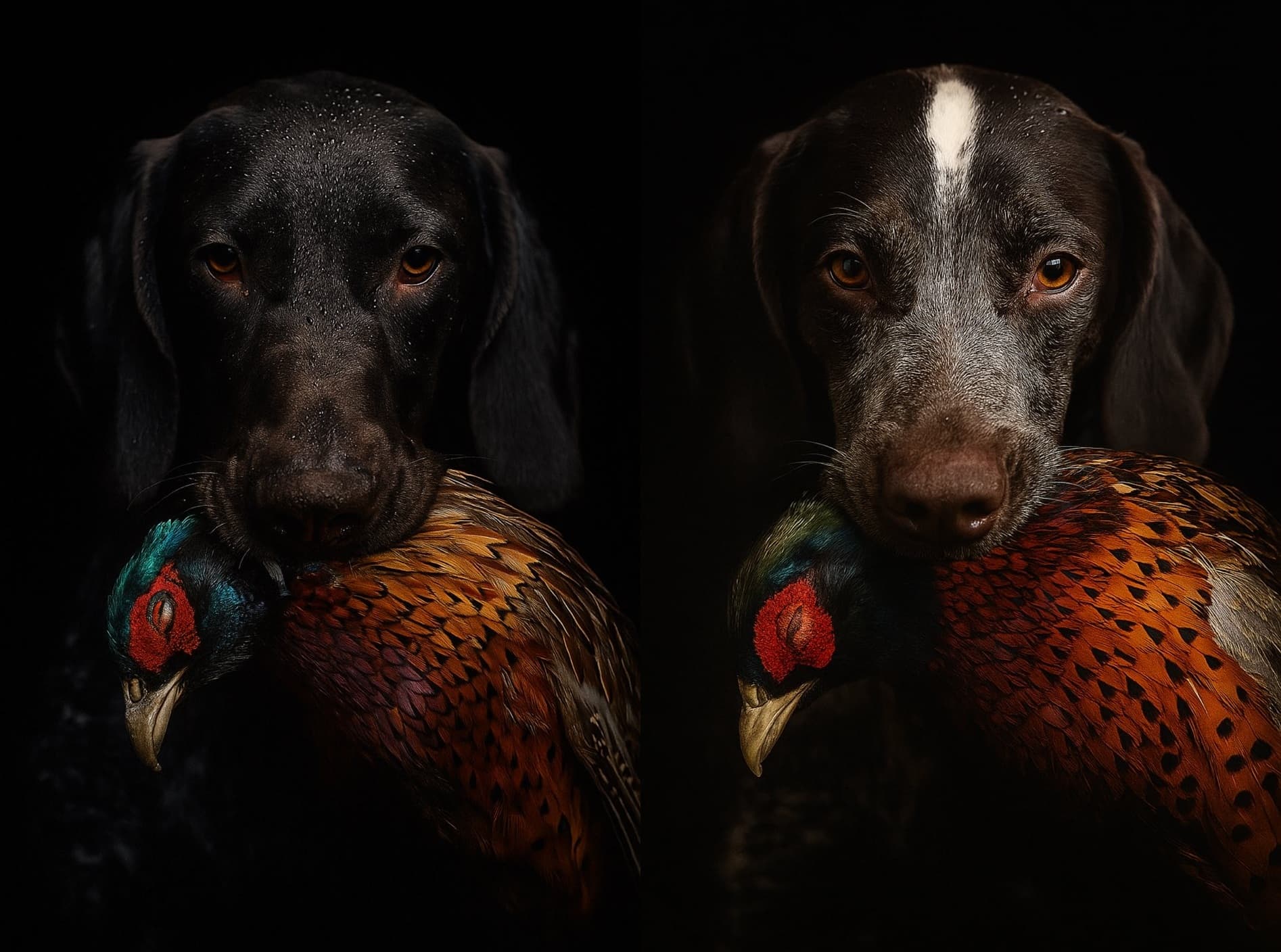 Two hunting dogs holding pheasants in their mouths, set against a dramatic, dark background.